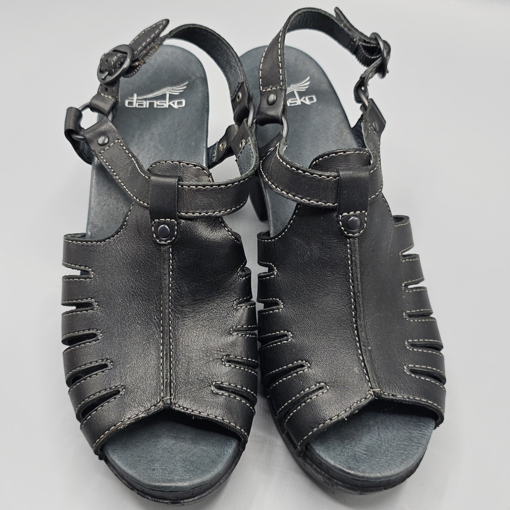 Dansko Randa Dress Sandals Womens 40 US 9.5-10 Black Leather Chunky Heel Strappy - Picture 2 of 9